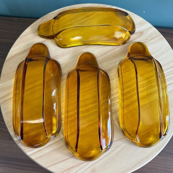 Vintage Indiana Glass Amber Banana Split Dishes Bowls Ice Cream Set Of 4 EUC - Picture 8 of 9